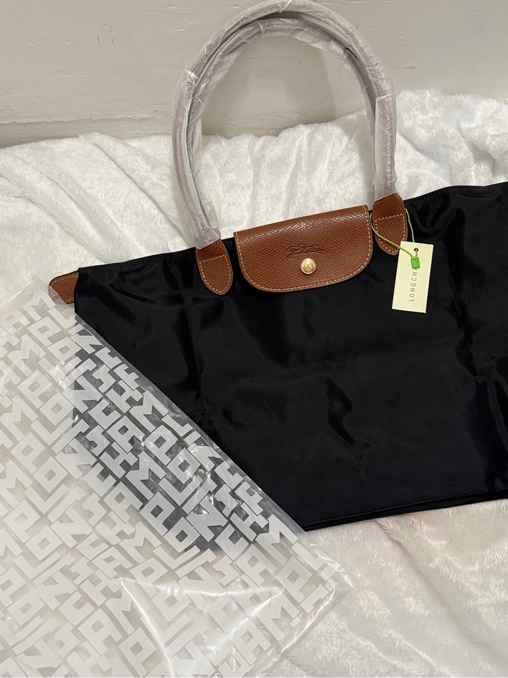 Longchamp Black Nylon Tote with Brown Leather Trim